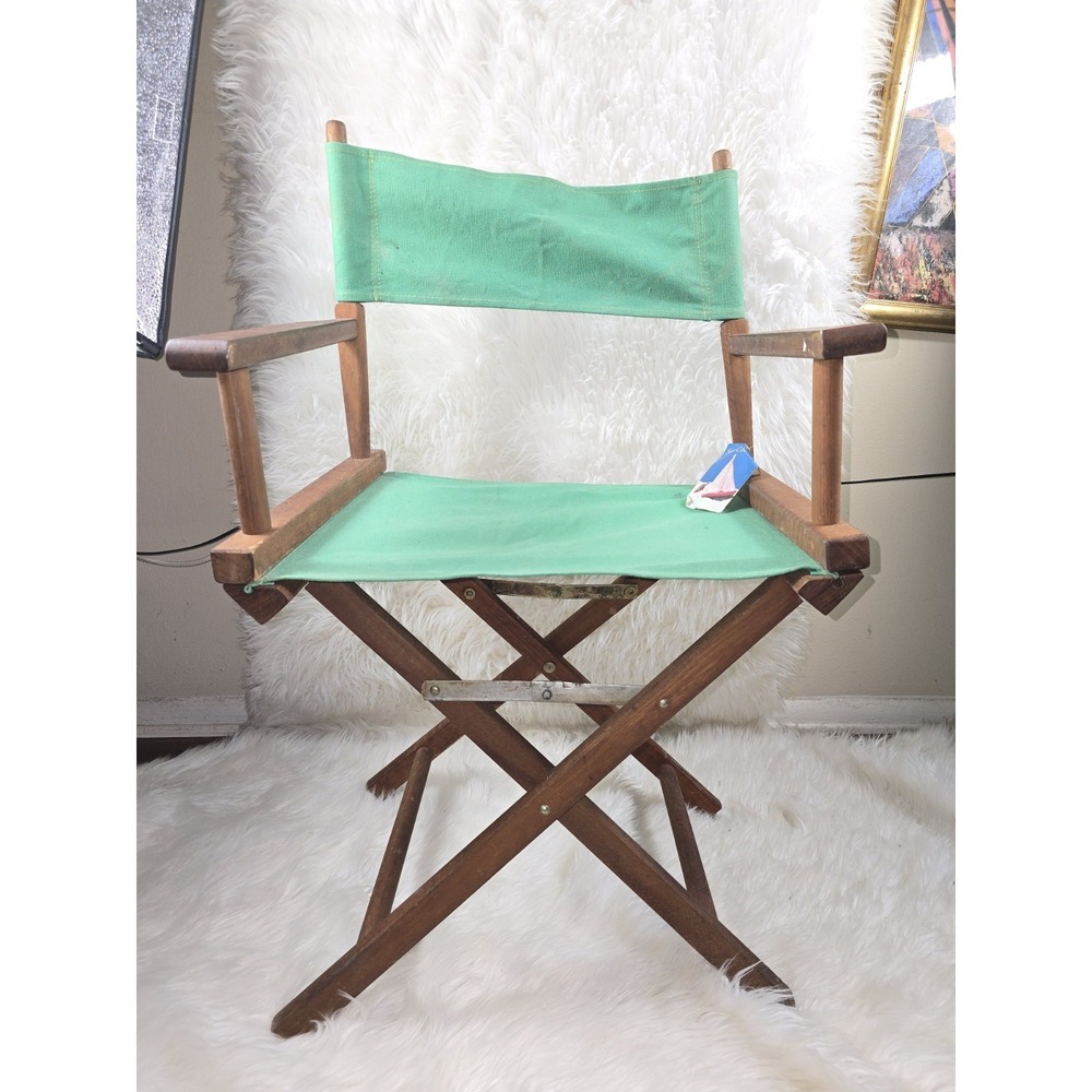 Vintage Directors Chair Green Canvas Natural Wood Table Height Foldable OLD!!!